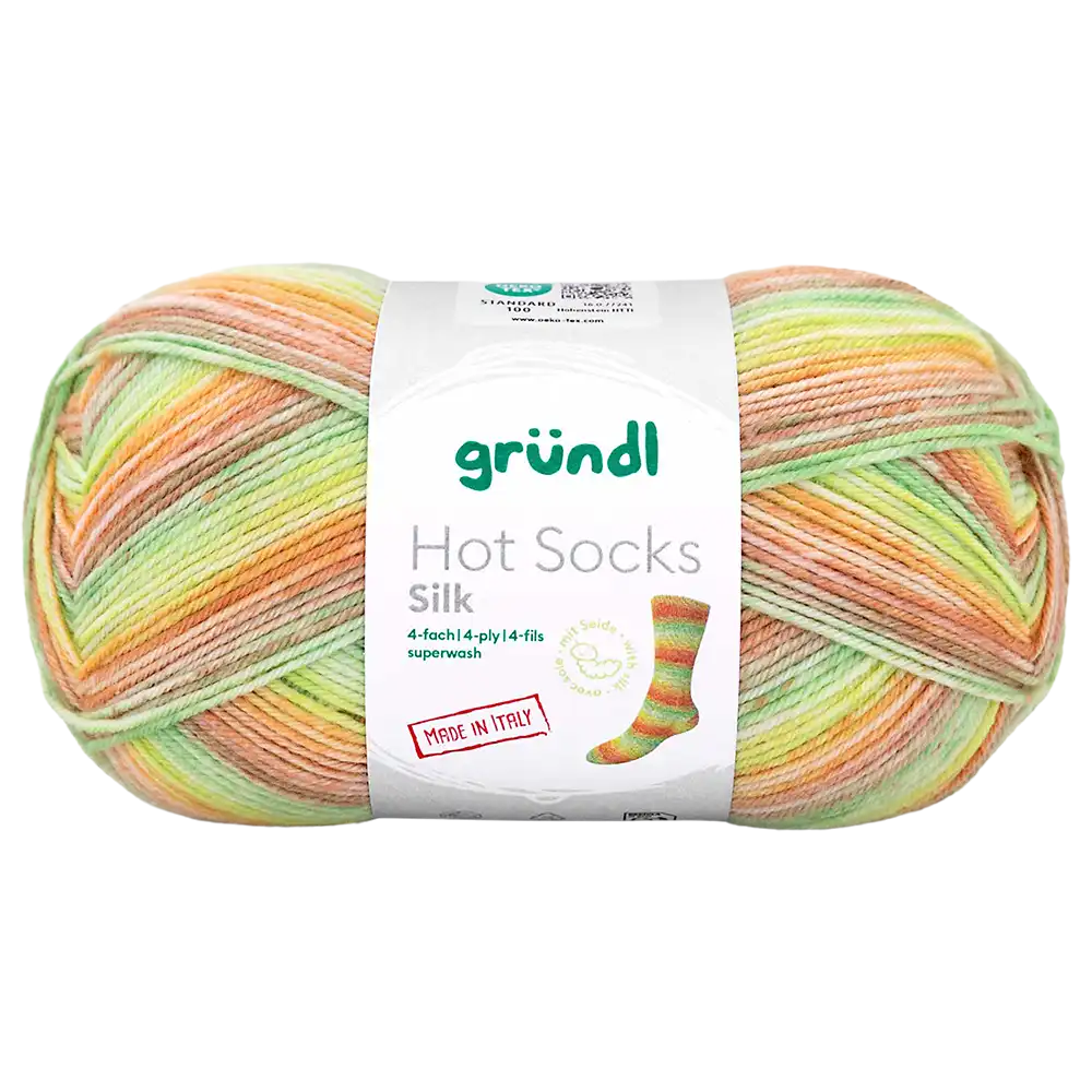 #Farbe_Hot Socks Silk 4-fach | 04 Limette-Blattgrün-Safran-Kürbis